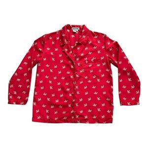 Vintage Christmas Mistletoe Red Silk Button Down Shirt